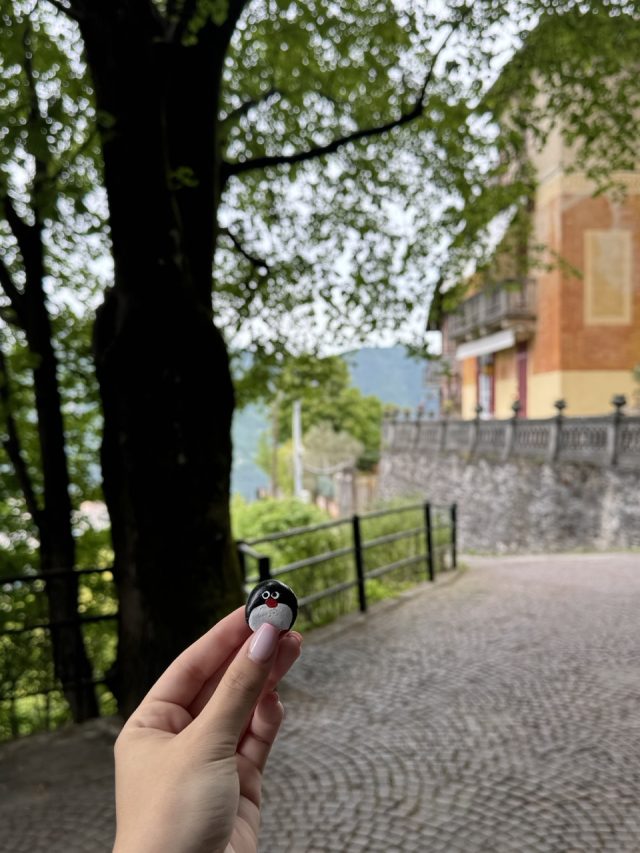 Hand-painted penguin stone #975 hidden at Lago di Como, Como, Italy (photo 4 of 5)
