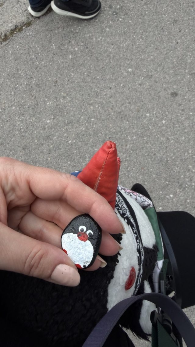 Hand-painted penguin stone #988 hidden at Perast Sign, Perast, Montenegro (photo 3 of 5)