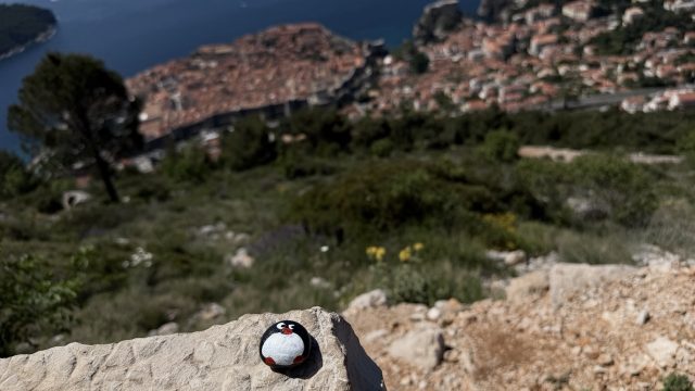Hand-painted penguin stone #992 hidden at Dubrovnik Stations of the Cross X, Dubrovnik, Croatia (photo 2 of 5)