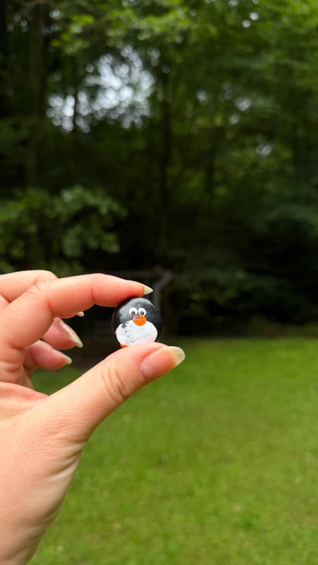 Hand-painted penguin stone #1129 hidden at Wooden Frog Statue, Bratislava, Slovakia (photo 3 of 4)