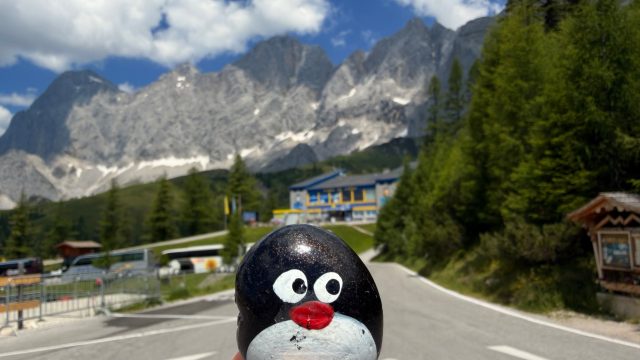 Ručne maľovaný tučniakový kameň č. 1281 ukrytý na mieste Dachstein Türlwand Bus Stop, Ramsau am Dachstein, Rakúsko