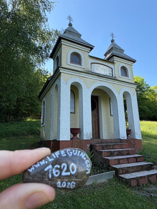 Hand-painted penguin stone #1620 hidden at Chapel, Vysoka nad Kysucou, Slovakia (photo 2 of 5)