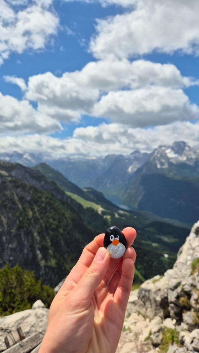 Hand-painted penguin stone #834 hidden at Kehlsteinhaus (Eagle's nest), Berchtesgaden, Germany
