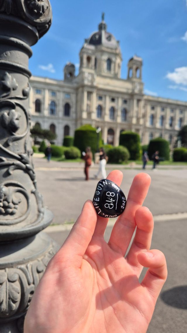 Hand-painted penguin stone #848 hidden at Museumquarter, Vienna, Austria (photo 4 of 4)