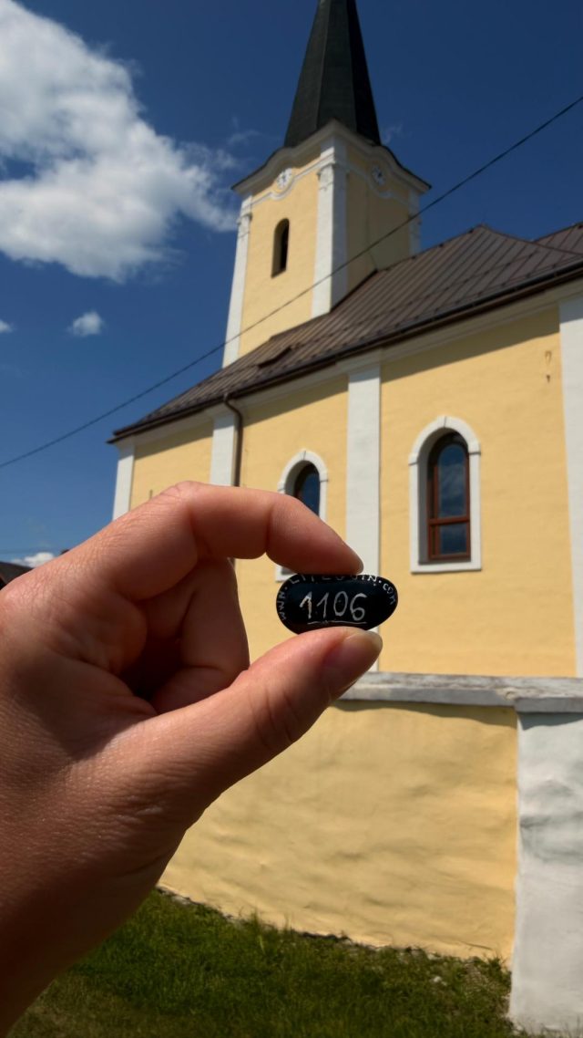 Hand-painted penguin stone #1106 hidden at Church of Saints Simon and Jude, Tulcik, Slovakia (photo 3 of 5)