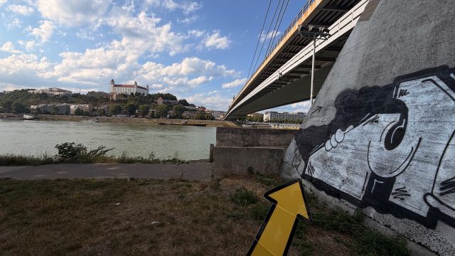 Hand-painted penguin stone #1201 hidden at UFO Bridge, Bratislava, Slovakia (photo 4 of 5)