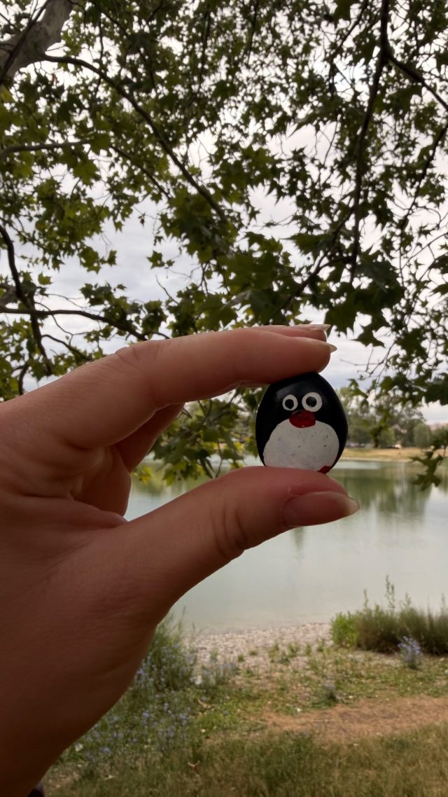 Hand-painted penguin stone #1279 hidden at Tree at Strkovec, Bratislava, Slovakia (photo 3 of 4)