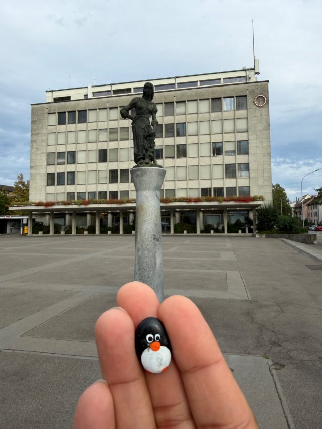 Hand-painted penguin stone #1122 hidden at Rathaus, Wettingen, Switzerland (photo 2 of 4)