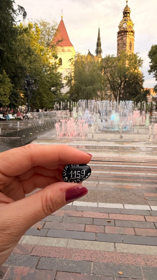 Hand-painted penguin stone #1159 hidden at Singing Fountain, Kosice, Slovakia (photo 3 of 5)