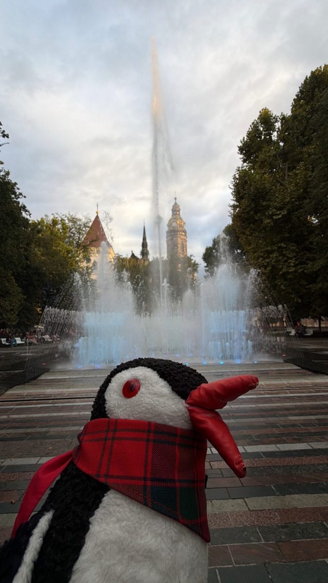Hand-painted penguin stone #1159 hidden at Singing Fountain, Kosice, Slovakia (photo 5 of 5)