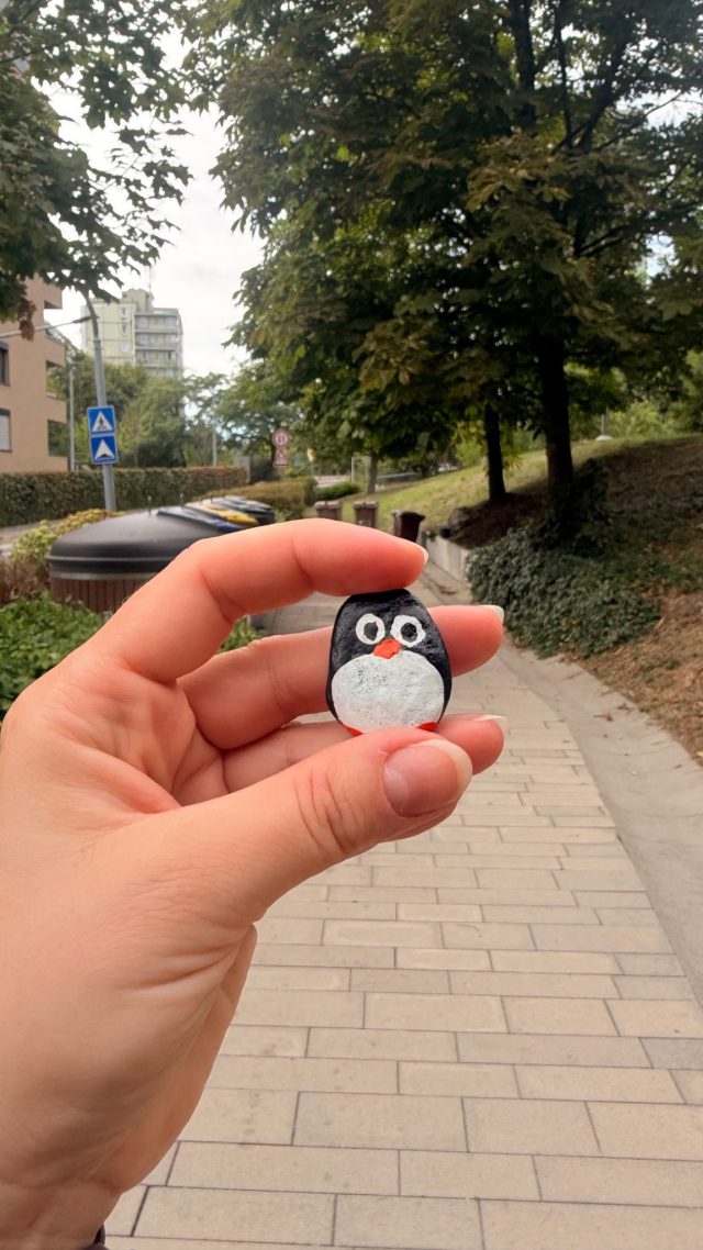 Hand-painted penguin stone #1344 hidden at Zuckermandel, Bratislava, Slovakia (photo 2 of 5)