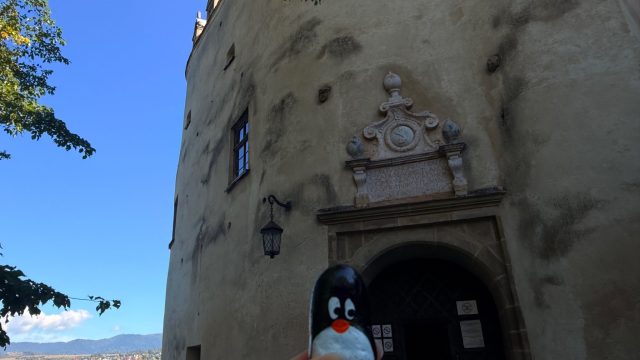 Hand-painted penguin stone #1353 hidden at Entrance Wall at Zamek Dunajec, Niedzica, Poland