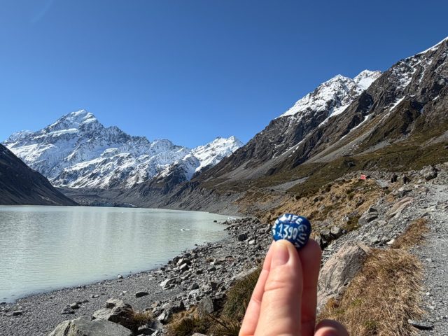 Hand-painted penguin stone #1390 hidden at Hooker Valley Track, Hooker Lake, New Zealand (photo 2 of 5)