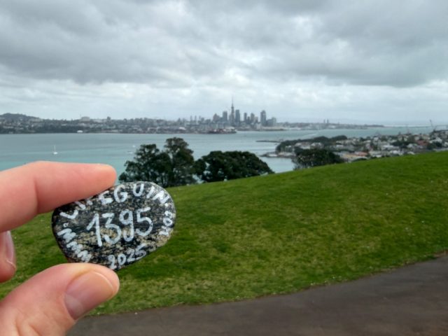 Hand-painted penguin stone #1395 hidden at Summit Battery (Fort Cautley), Devonport-Takapuna, New Zealand (photo 2 of 5)