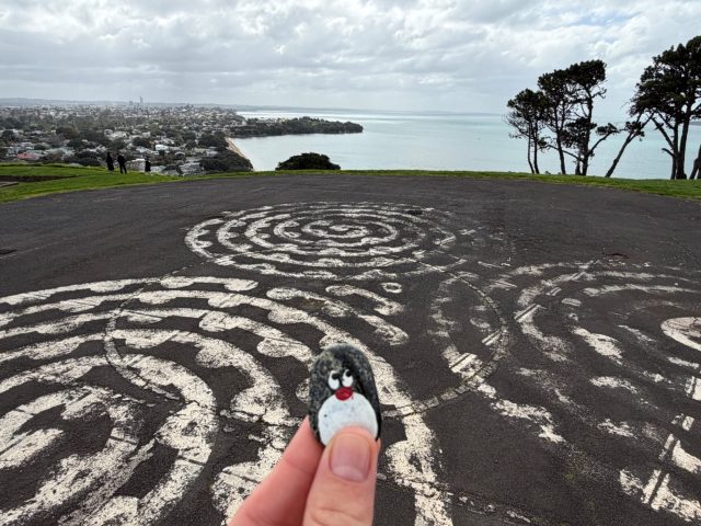 Hand-painted penguin stone #1395 hidden at Summit Battery (Fort Cautley), Devonport-Takapuna, New Zealand