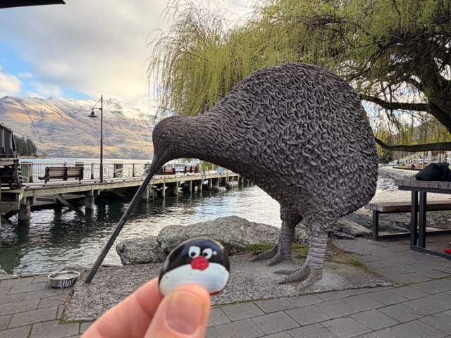 Ručne maľovaný tučniakový kameň č. 1447 ukrytý na mieste Kiwi Statue, Queenstown, Nový Zéland