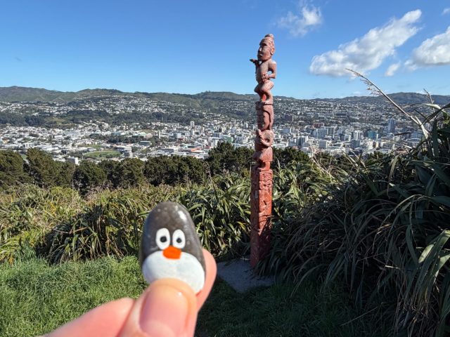 Hand-painted penguin stone #1579 hidden at Mount Victoria Lookout, Wellington, New Zealand