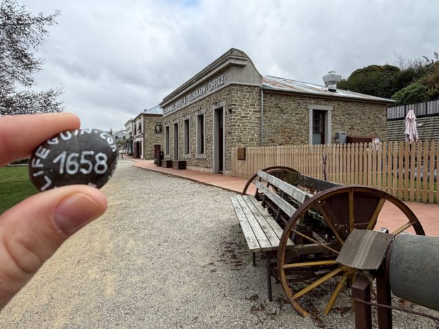 Hand-painted penguin stone #1658 hidden at Cromwell Heritage Precinct, Cromwell, New Zealand (photo 2 of 5)