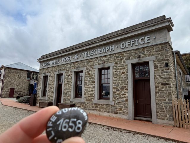 Hand-painted penguin stone #1658 hidden at Cromwell Heritage Precinct, Cromwell, New Zealand (photo 3 of 5)