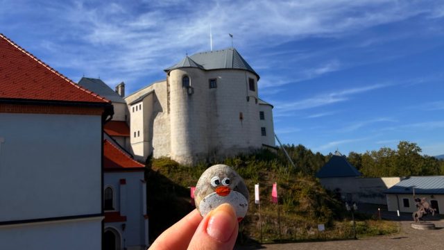 Hand-painted penguin stone #1918 hidden at Rock at Lupca Castle, Slovenska Lupca, Slovakia