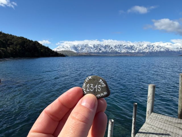 Hand-painted penguin stone #2315 hidden at Sunshine Bay Beach, Queenstown, New Zealand (photo 2 of 4)