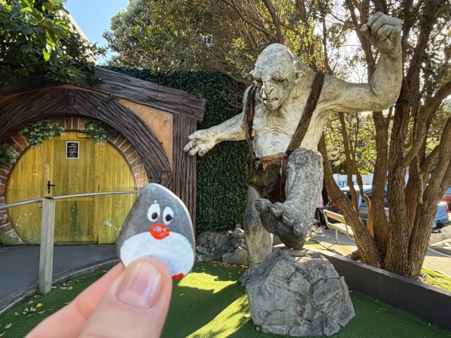 Hand-painted penguin stone #2327 hidden at Weta Workshop Experience, Wellington, New Zealand