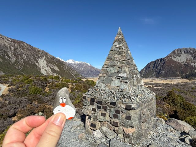 Hand-painted penguin stone #2339 hidden at Alpine Memorial, Hooker Valley Track, New Zealand