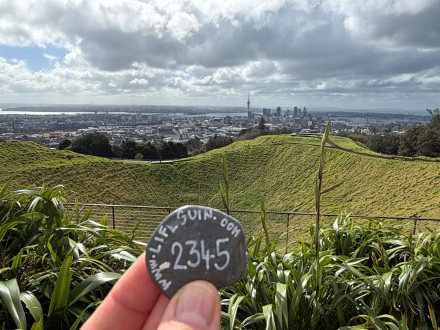 Hand-painted penguin stone #2345 hidden at Maungawhau / Mount Eden, Albert-Eden, Auckland, New Zealand (photo 2 of 5)