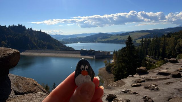 Hand-painted penguin stone #722 hidden at Upper Platform at Zamek Dunajec, Niedzica, Poland