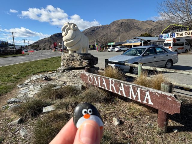 Hand-painted penguin stone #774 hidden at Merino Sheep Monument, Omarama, New Zealand