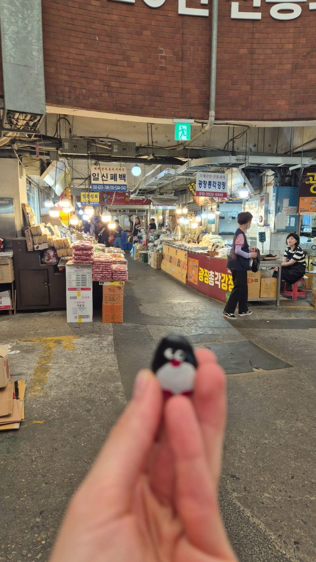 Hand-painted penguin stone #872 hidden at Geangjang Market, Seoul, South Korea (photo 3 of 4)