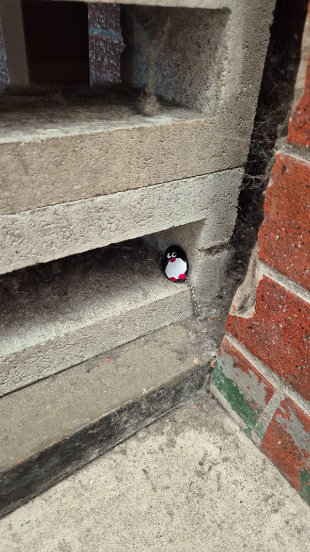 Hand-painted penguin stone #872 hidden at Geangjang Market, Seoul, South Korea (photo 4 of 4)