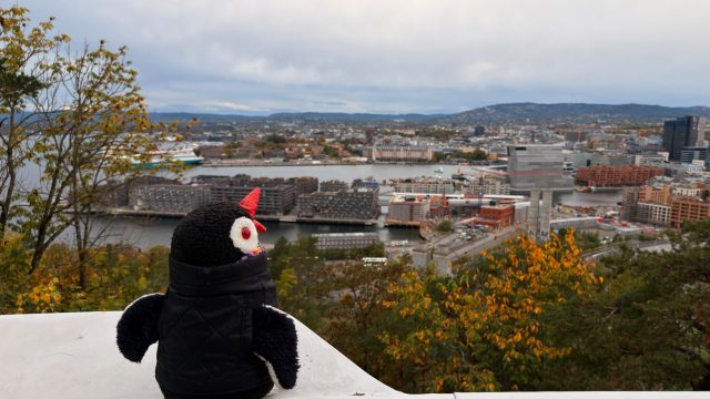 Hand-painted penguin stone #1388 hidden at Ekeberg Scenic Viewpoint, Oslo, Norway (photo 5 of 5)