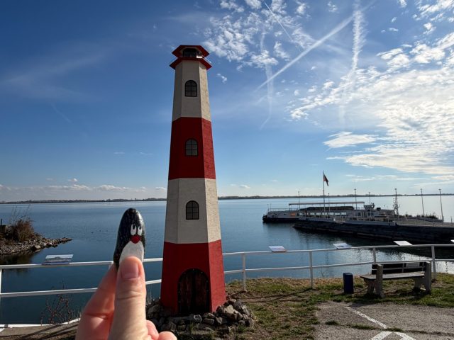 Hand-painted penguin stone #1408 hidden at Lodny majak - Lighthouse, Zemplinska Sirava, Slovakia