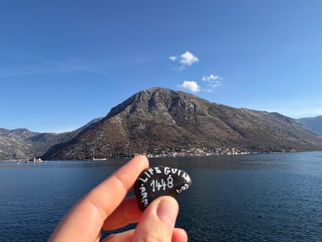 Hand-painted penguin stone #1448 hidden at Viewpoint on the Kotor Bay and Our Lady of the Rocks, Kostanjica, Montenegro (photo 2 of 5)