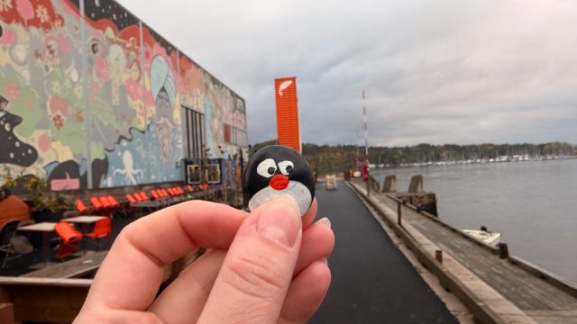 Hand-painted penguin stone #1467 hidden at Vippa, Oslo, Norway