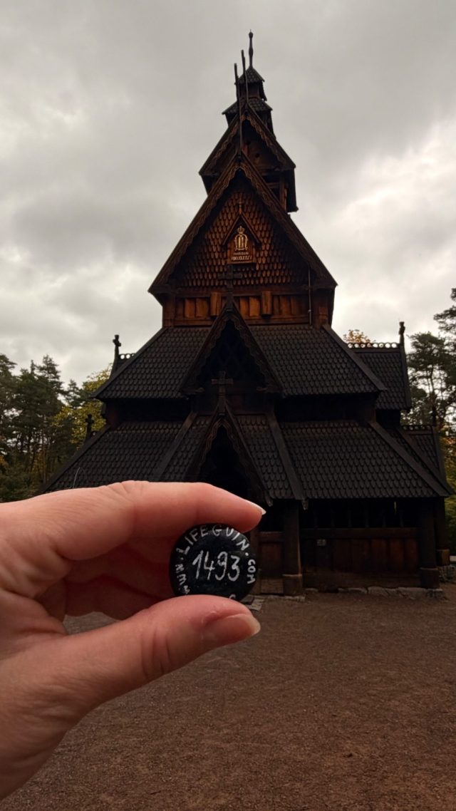 Hand-painted penguin stone #1493 hidden at The Stave Church from Gol, Oslo, Norway (photo 3 of 5)