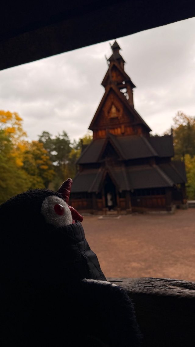 Hand-painted penguin stone #1493 hidden at The Stave Church from Gol, Oslo, Norway (photo 5 of 5)