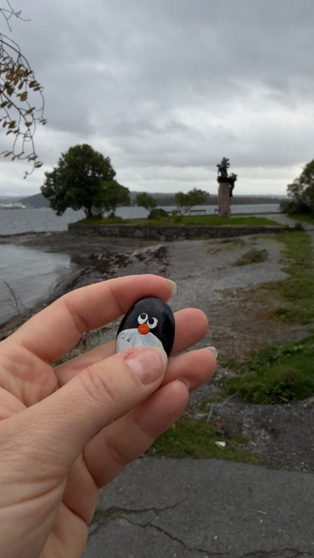Hand-painted penguin stone #1512 hidden at Stone Wall near Boat Station, Oslo, Norway (photo 2 of 5)