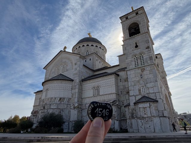 Hand-painted penguin stone #1516 hidden at Temple of Christ's Resurrection, Podgorica, Montenegro (photo 2 of 5)