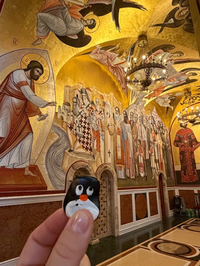 Hand-painted penguin stone #1516 hidden at Temple of Christ's Resurrection, Podgorica, Montenegro (photo 3 of 5)