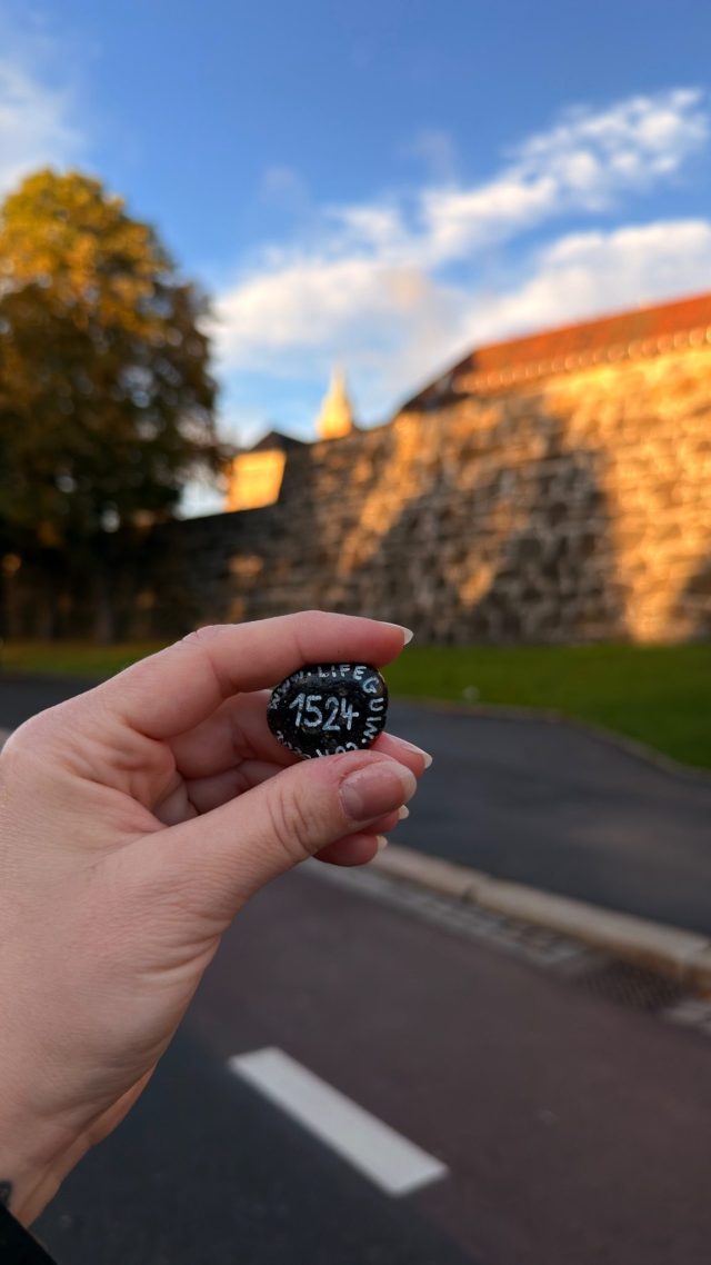 Hand-painted penguin stone #1524 hidden at Akershus Fortress Wall, Oslo, Norway (photo 3 of 5)