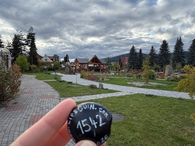 Hand-painted penguin stone #1542 hidden at Skwer Pamieci, Lubien, Poland (photo 2 of 5)