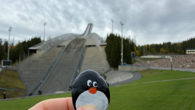 Hand-painted penguin stone #1557 hidden at Holmenkollbakken, Oslo, Norway
