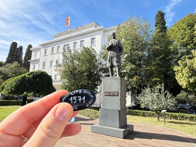 Hand-painted penguin stone #1571 hidden at Mayor's Office of the Capital City, Podgorica, Montenegro (photo 2 of 5)