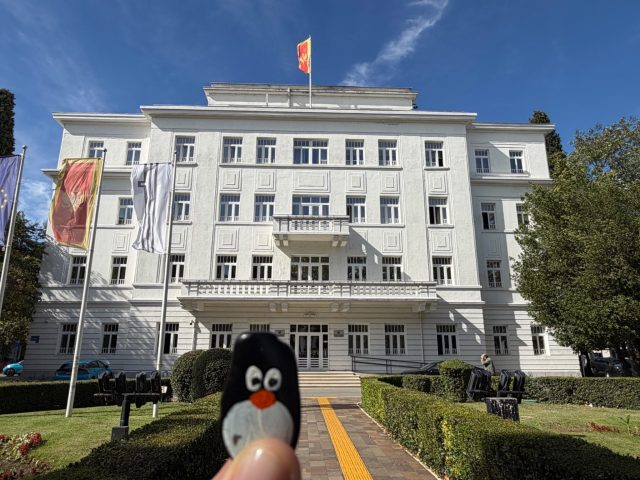 Hand-painted penguin stone #1571 hidden at Mayor's Office of the Capital City, Podgorica, Montenegro