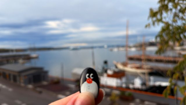Hand-painted penguin stone #1573 hidden at Kontraskjaeret, Oslo, Norway