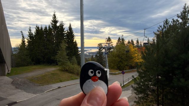 Hand-painted penguin stone #1577 hidden at Holmenkollbakken Ski Museum, Oslo, Norway