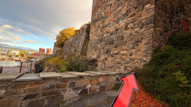 Hand-painted penguin stone #1582 hidden at Akershus Fortress Viewpoint, Oslo, Norway (photo 3 of 5)