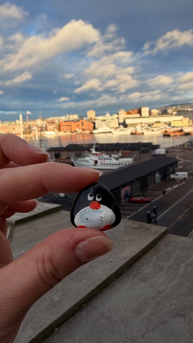 Hand-painted penguin stone #1582 hidden at Akershus Fortress Viewpoint, Oslo, Norway (photo 5 of 5)